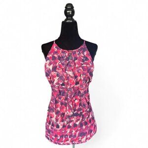 Ann Taylor Pink Black Color Block Halter Top Ruffle Detail Size 4